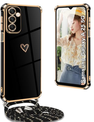 Yutwo Cover per Samsung A25 5G con Cordino, Elettrolitico Cuore Custodia per Samsung A25 5G con Tracolla, Antiurto Donna Cuore Cover per Samsung Galaxy A25 5G Cordino -Nero