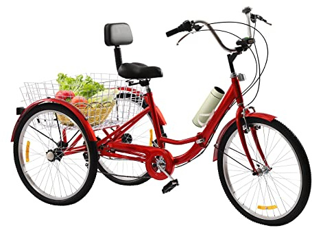 CLEADONG Dreirad für Erwachsene 24 Zoll 3Räder 7-Gang Adult Fahrrad, Outdoor-Dreirad mit GeträNkehalter und Led Lichter, 3-Rad Erwachsene Bikes Becherhalter Bis 140 Kg, Rot