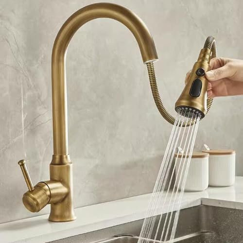 Antikes Messing Wasserhahn Küche Mischbatterie Küche mit Ausziehbarer Brause Spültischarmatur Küche Messing Ausziehbarer Drehgelenk Retro Einhebelmischer Armatur Küchenspüle