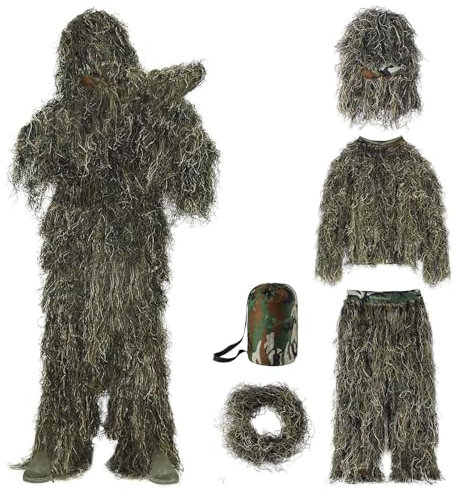 HAZARA 5 in 1 Juego del Ghillie Ropa De Caza De Camuflaje 3D Disfraz De Arbusto Incluyendo Chaqueta,Pantalones,Capucha,Bolsa De Transporte para Adultos/Jóvenes Unisex,Forestgreen-Kids