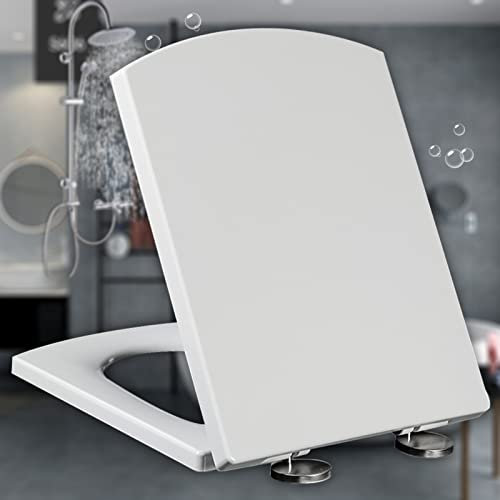 Luxuriöser, quadratischer Toilettensitz mit Absenkautomatik, Befestigung von oben und rutschfester Toilettenbrille, leicht zu reinigen, stabil, mit verstellbaren Scharnieren (weiß, 39,5–46,5 x 34,5 c