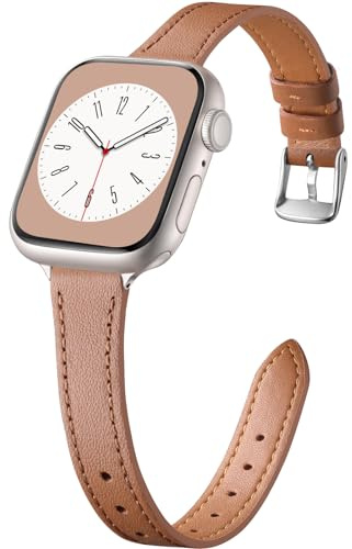 CeMiKa Bracelet Cuir Étroit Compatible avec Apple Watch 38mm 40mm 41mm 42mm | Bracelet Remplacement Cuir Fin Véritable pour Apple Watch SE3 SE/iWatch Series 11 10 9 8 7 6 5 4 3, Marron/Argent étoilé