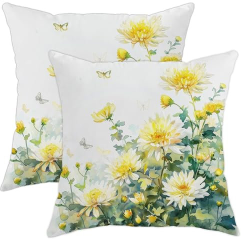 Frühlingskissenbezüge, gelbe Chrysanthemen-Blume, dekorative Kissenbezüge für den Außenbereich, Garten, für Zuhause, Sofa, Bett, Couch, 45,7 x 45,7 cm, 2 Stück