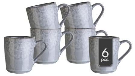 Home4You Kaffeetassen 6er Set - Steingut - Grau - 355 ml - glasiert - mit floraler Prägung - Kaffeebecher Teetassen