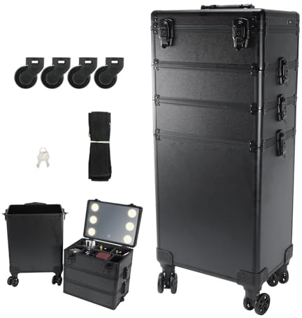 LEADZM Kosmetikkoffer Alu Beauty Case mit LED-Licht, 4-in-1 Kosmetik-Trolley mit 360° drehbaren Rollen - Ideal für Reisen, Friseure und als Geschenkidee
