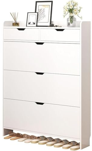 Schuhschrank mit 3 Klappen, 2 Schubladen, Schmal Schuhregal Schuhkipper, Schuhkommode mit 3 Tiefen Fächern, für 13 Paar, Flur, Diele, Wohnzimmer, Schlafzimmer,White-80×17×125 cm