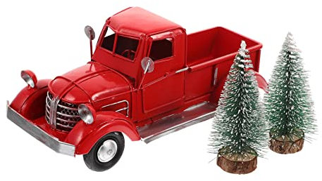 MOBUTOFU Vintage Roter Metall LKW Mit Weihnachtsbaum Dekoration Kreatives Xmas Tischornament Retro Truck Modell Als Weihnachtsbaum Deko Für Wohnzimmer Und Partygestaltung