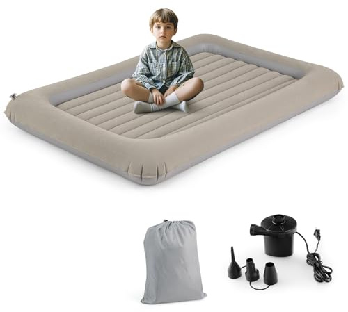 LIFEZEAL Materassino Gonfiabile per Bambini, Materasso Floccato, Lettino, Portabile, Parco di Gioco, Staccabile, con Tasca, Pompa Elettrica, Kit di Riparazione, Max 150 kg, 165x118x20 cm (grigio)