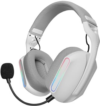 Mars Gaming MHW-Pro, Auriculares Gaming Inalámbricos ARGB Flow, Sonido 3D Envolvente 7.1, Bluetooth 5.3 + 2.4GHz + Jack 3.5mm, Diseño Ergonómico Ultraligero, Micrófono Dual, Multiplataforma, Blanco