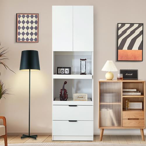 Soweiz Sideboards, 200cm Hohe Küchenschränke, Lagerschränke, Türen, Schubladen, Mikrowellenregale, Hochschränke mit Kippschutz, Freistehende Multifunktionsschränke, Weiß