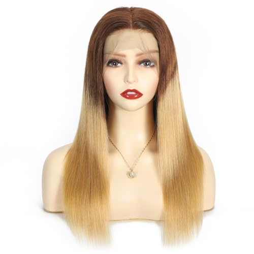 Larafona Echthaar Full Lace Wig Volle Spitze Perücke 100% Handgefertigt Ombre Braune/Blond T4/27# 100% Remy Pre-plucked Glatt Haar 22inch/55cm