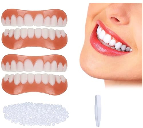 Facette Dentaire Cosmétique 2 Paires, Sûr et Confortable Immédiat Sourire Dents de Placage Haut et Bas avec Perles Adhésives Thermiques Pour Restauration Temporaire de Défauts Dentaires