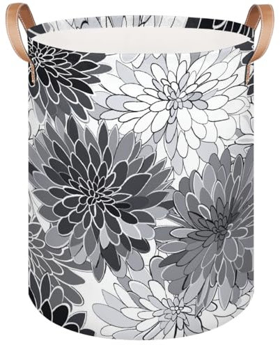 Grey Chrysanthemum Flower Laundry Basket, Large Canvas Fabric Laundry Hamper, Collapsible Toy Storage Organizer Basket for Bedroom College Dorms
