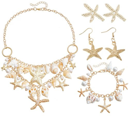 XFSRG Meerjungfrau-Accessoire für Damen mit Muschelkette, Seestern-Armband und Ohrringen als Strandschmuck & Karnevalszubehör in maritimem Design