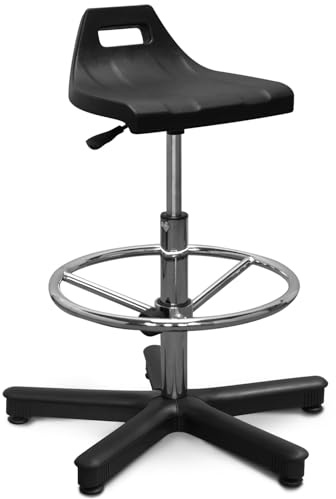 ARTOFIS Spezialist Drehhocker mit Höhenverstellbar und Rückenlehne - Ergonomischer Werkstatthocker mit Fußstütze und 5 rutschfeste Füße, Teleskopischer Hocker für Werkstatt und Werkraum