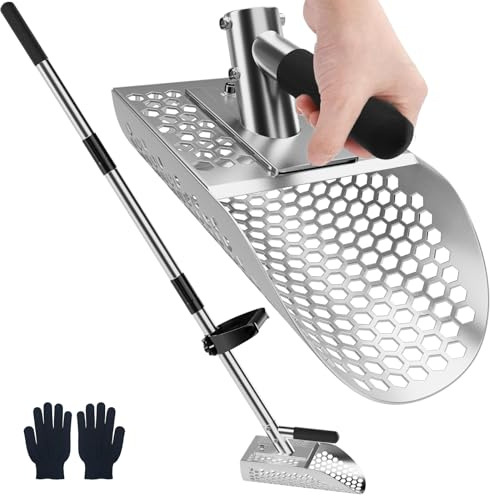 Hermsche Long Handle Sand Scoop with Grip, Heavy Duty Stainless Steel Sand Sifter Shovel for Beach, Metal Detecting Scoop Handheld with Long Steel Handle Pole Design for Underwater Treasure Hunting