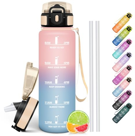 HoneyHolly Gourde 1l, Étanches, Gourde Paille, sans BPA & Réutilisable, Bouteille, Motivation Bouteille d'eau, Avec Marqueur de Temps, Water Bottle pour Gym, Ecole, Cyclisme, Plein air, Sport