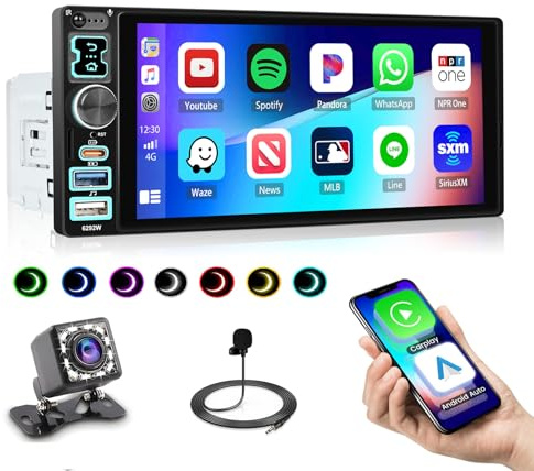 Roinvou CarPlay-bilradio 1 DIN med trådlös Android Auto, 6,8-tums pekskärm med Bluetooth, Mirror Link, FM, EQ, UI, USB, Type-C, MIC, SWC, backkamera