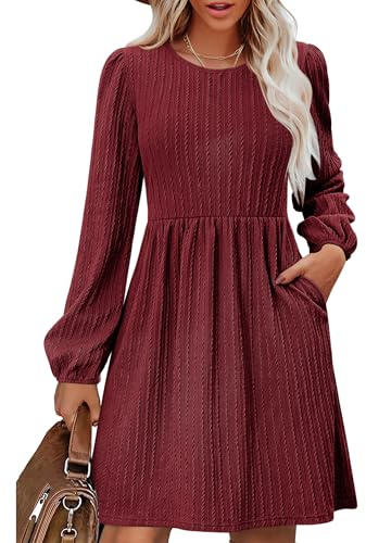 Zeagoo Kleid Damen Herbst Langarm Strickkleid Elegant Hohe Taille A-Linie Winterkleid Pulloverkleid Rundhals Skaterkleid Weinrot XXL