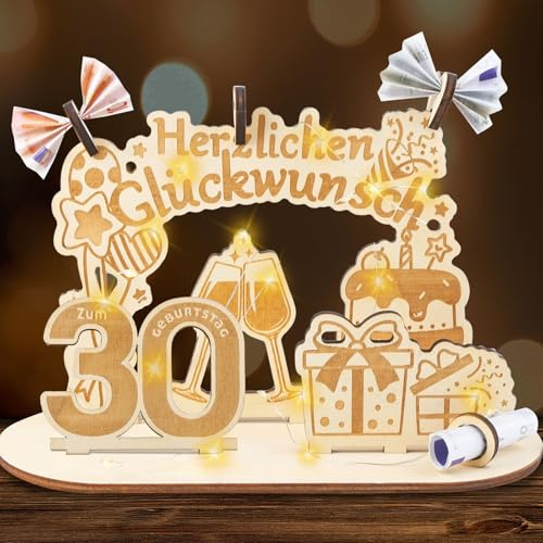 30 Geburtstag Geschenk Frauen Männer, Geldgeschenke Geburtstag Holz mit LED Lichterkette, Holzschild Gästebuch Geschenk zum 30 Hochzeitstag