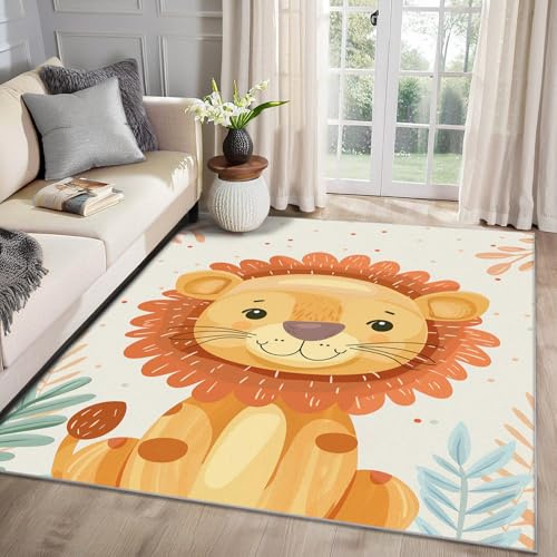 MMYAOKEN Löwe Kinder Teppich Wohnzimmer 120x170 Süße Cartoon Zootiere Deko, Teppich Kurzflor, Weich rutschfest Waschbare Teppiche, Bettvorleger Schlafzimmer Kinderzimmer