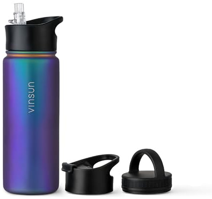 VINSUN Stainless Steel Water Bottle with Straw 500ml - 3 Lids - Double-Walled Insulated Flask, Leak-Proof, BPA Free - Drinks Bottle for Sport, Travel
