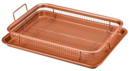 Copper Baking Tray Oil Frying Roast Pan Non-stick Chips Basket Broil Plate Grill Mesh Kitchen Tools Cooking for Home Barbeque(Square Gold)