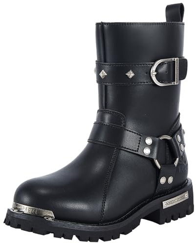 Dream Apparel Women PU Leather Harness Motorcycle Boots for Riding Waterproof Studded Biker Boots with Side Zipper & Buckle, Black Engineer Combat Mid-Calf Footwear, Size 7