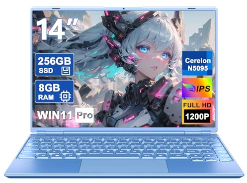 HUQPPQ 14 Laptop Celeron N5095 (Up to 2.9GHz), 8GB RAM 256GB SSD, FHD 1920×1200 IPS Display, Win 11 Pro Notebook, WiFi 5, Webcam, Lightweight Blue Laptops for Students, Learning & Daily Use