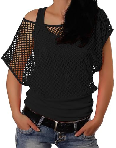 Mesh Oberteil Damen Netzshirt Glitzer Shirt Netzhemd 80er Jahre Outfits Karneval Fasching Motto Party Tops Netzoberteil Sommertops