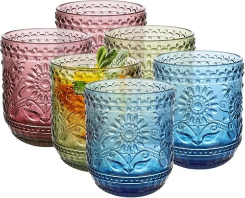 Ulable Set of 6-360ml/12oz Vintage Tumbler Glasses - Decorative Floral Embossed Water Glasses - Heavy Duty Glassware Beverages Tumblers for Whisky, Beer, Juice, Wine, 2Green + 2Blue + 2Pink