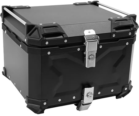 Motorrad Topcase, 55L Aluminium Heckbox Universal mit Schloss, Schwarz | Motorradkoffer für Reisen & Pendeln, 10kg Tragkraft, reflektierende Aufkleber für Sicherheit, 2 Schlüssel inkl.