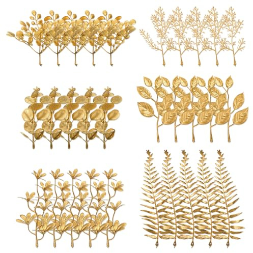 Lnngub 30 Stück Künstliche Mini-Goldblätter, Künstliche Blätter Eukalyptus Deko Plastikpflanzen Zedern Prunkwinden Farne Ulmenblätter Eukalyptus für Hochze, Party, Home Dekoration Zubehör Weihnachts
