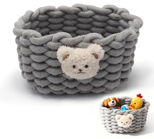 Aufbewahrungskorb Geflochten Baumwolle Strickkorb，mit Bärenmotiv Aufbewahrungskorb Weiß - Badezimmer Organizer，für Schreibtisch, Schminktisch, für Schränke,Bad,Küche (Grau)