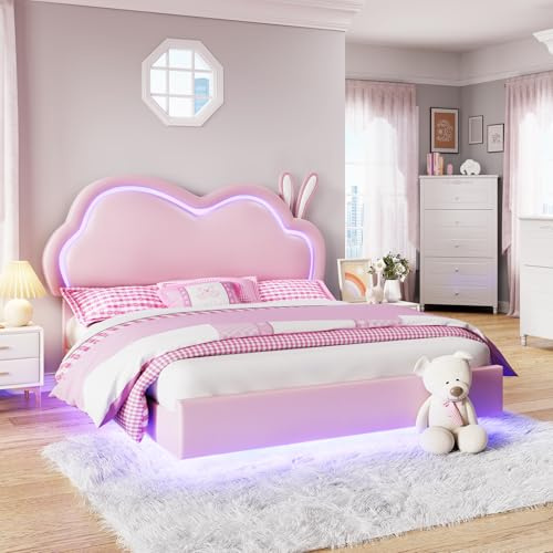 LUXOAK Hasen Kinderbett 140x200cm mit LED-Lichtern, Leder Polsterbett Rosa | Wolken-Kopfteil mit Hasenohren | höhenverstellbar + steuerbare LED | sicheres schwebendes Design | bis 360kg belastbar