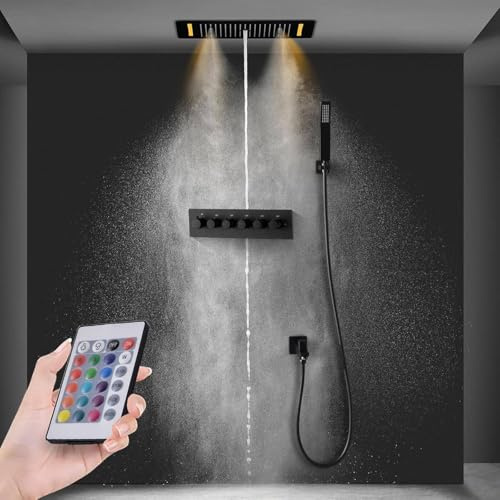 SWHC Duschsystem mit Thermostat, Unterputz Duscharmatur Set 4 Funktionen | LED Duschset Unterputz, Regendusche mit Armatur, 700 * 380mm Duschkopf Eckig, Handbrause aus Metall, Messingkörper, Schwarz