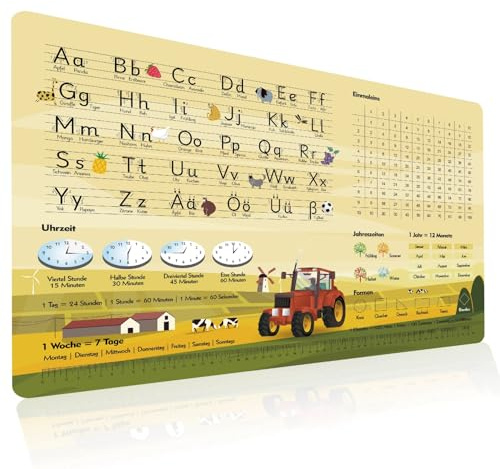 Lernen Schreibtischunterlage für Kinder - Lernunterlage Deutsch ABC Alphabet mit Letter Tracing - 1x1 Uhrzeiten Optik - Wasserfest und Abwischbar aus Silikonähnliches Leder (Thema Traktor)