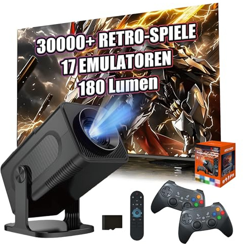 HCS350 Pro+ Tragbarer Kabelloser Projektor mit WLAN & Bluetooth, Spielkonsole mit 30000+ Retro Spielen,180 Lumen,1080P, Android 16 Filmprojektor für den Außenbereich, Heimkino, mit Sprachfernbedienung