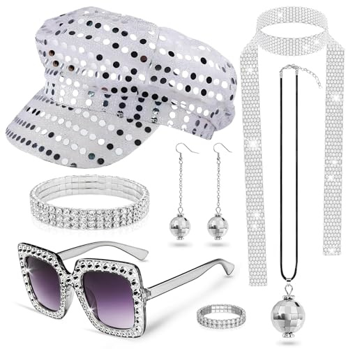 ZenithAura Disco Zubehör Set für Damen 1970er Jahre Outfit Pailletten Hut Disco Kugel Ohrringe Pailletten Schal für