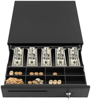 ROMYIX ﻿Kassenschublade mit 5 Banknoten-Fächern & 8 Münzboxen,Kassenlade Abschließbar Münzfach 3-Punkt Verriegelung & RJ11 Anschluss, Kassenlade für Einzelhandel/Gastronomie (Schwarz)