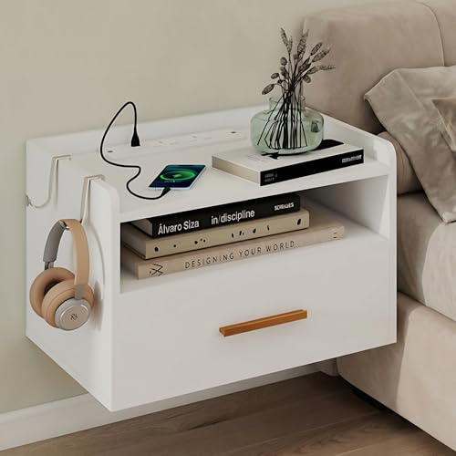 YOURLITE Floating Nightstand with Drawer, Wall Mounted Bedside Table Set