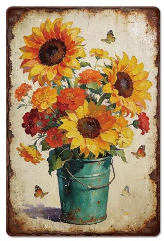 GLOBLELAND Vintage Sunflower Bucket Metal Tin Sign 12x8 inch Spring Flowers Tin Signs Retro Painting Butterfly Metal Wall Poster Plaque for Home Garden Patio Sunroom Art Studio Tea Room Decor