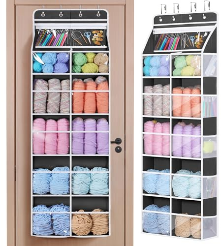 Univivi 6 Tiers Hanging Yarn Storage Organizer, Large Knitting Organizer with 12 Deep Clear Pockets & 10 Mesh Side Pockets, Over The Door Yarn Holder for Crochet Hooks, Knitting Needles, Dark Grey