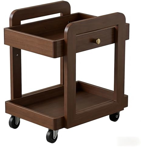 Rosolaratop Solid Wood Bar Cart with Drawer, 2-Tier Mobile Side Table with Universal Wheels, Walnut Finish Storage Trolley for Living Room, Tea Room, Bedroom