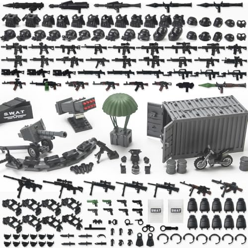 Feleph SWAT-Team Waffen-Set mit Frachtcontainer, Armeeausrüstung, Helm & Rüstung 325 Teile – Militärisches Zubehör-Bausteine-Spielzeug, kompatibel mit Polizei- und Soldaten-Figuren (Schwarz).