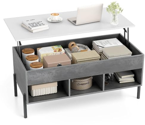 COSTWAY Tavolino da Caffè Sollevabile, Tavolo da Salotto con Piano Sollevabile, Ampio Comparto Nascosto, 3 Scomparti Aperti e Gambe in Metallo, Ideale per Salotto e Ufficio (Grigio)