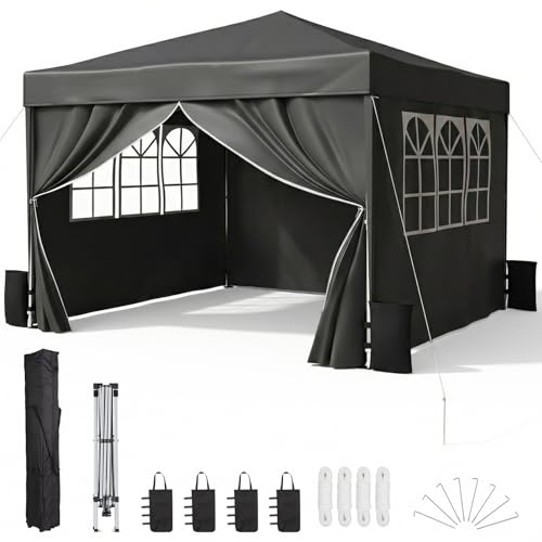 Warmiehomy 3M x 3M Pop Up Gazebo with Sides, Waterproof Garden Gazebos with 4 Sand Bags, Large Marquee Gazebo for Camping, Party, Patio, 300x300x195 cm, Dark Grey