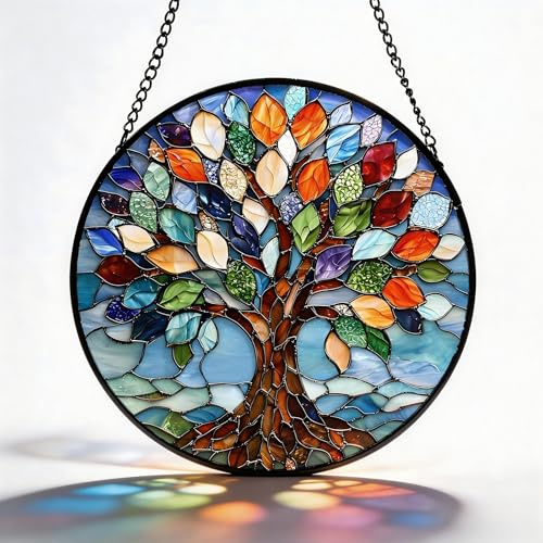 Sun Catcher Tree of Life - Colorful Acrylic Hanging Ornament for Windows - 15cm×15cm Home Decor with Stained Glass Effect