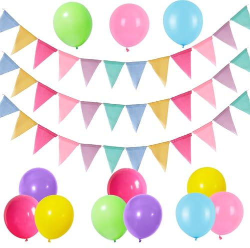 3 stycken vimpelgirlang, 12 m, 36 flaggor, vimpelgirlang, utomhus med 12 ballonger, regnbågsgirlang, dekoration för ungdomsfest, födelsedag, slaschkök, barnrum, fest och bröllop