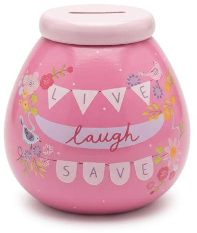 Pot of Dreams Pink Floral Ceramic Money Pot – Live Laugh Save Piggy Bank Style Savings Jar – Break to Open, Hand Painted Earthenware Gift for Girls & Adults